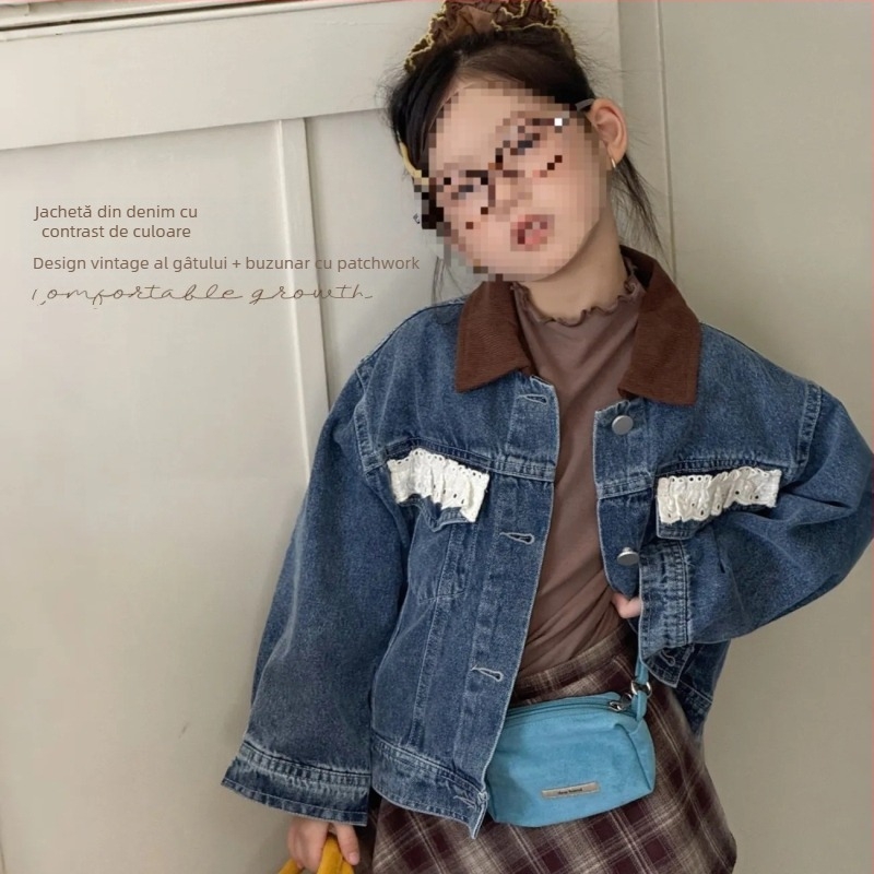 Geacă de denim pentru fete cu rever retro — toamnă 2025, stil leisure, 80% bumbac, pentru copii 3–8 ani