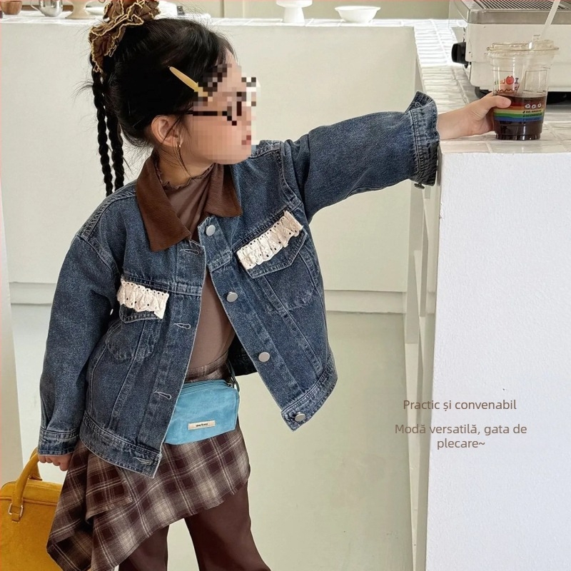 Geacă de denim pentru fete cu rever retro — toamnă 2025, stil leisure, 80% bumbac, pentru copii 3–8 ani