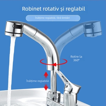 Robinet de chiuvetă cu două găuri, cu tragere pentru apă caldă și rece, corp din alamă, finisaj cromat, cartuș ceramic, model SKCLSLT