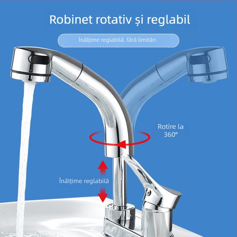 Robinet de chiuvetă cu două găuri, cu tragere pentru apă caldă și rece, corp din alamă, finisaj cromat, cartuș ceramic, model SKCLSLT