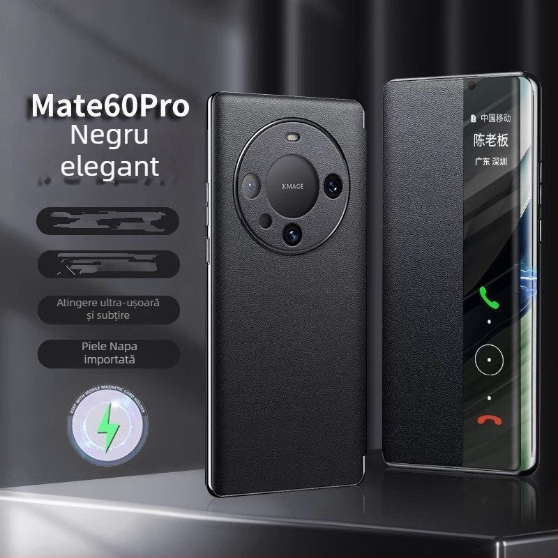 Carcasă din piele naturală cu încărcare wireless și capac rabatabil pentru Huawei Mate60 Pro+ / Mate70 / Mate80 — prindere magnetică, disipare a căldurii, protecție anti-cădere