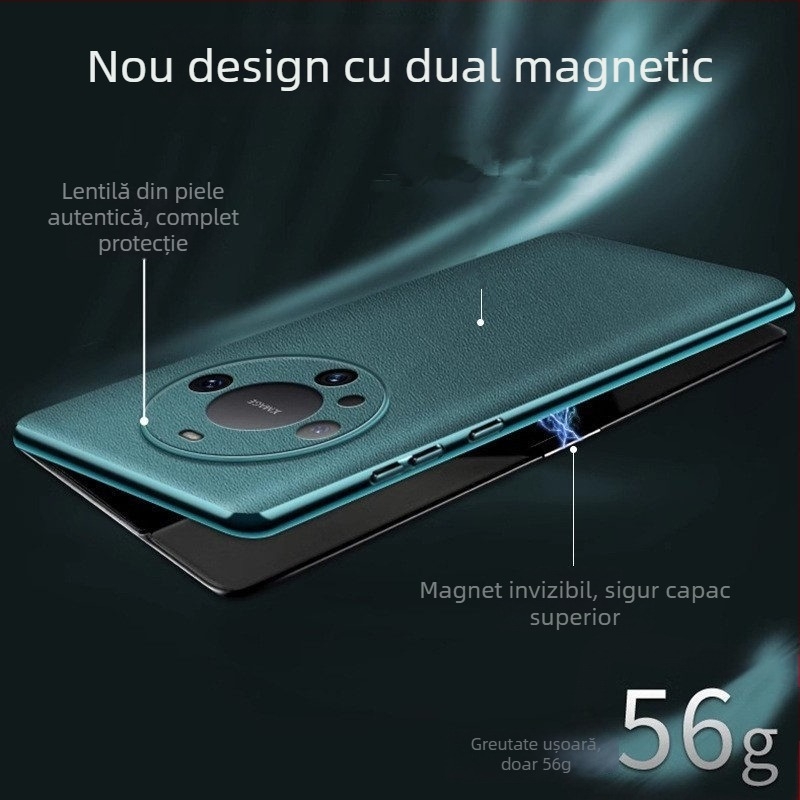 Carcasă din piele naturală cu încărcare wireless și capac rabatabil pentru Huawei Mate60 Pro+ / Mate70 / Mate80 — prindere magnetică, disipare a căldurii, protecție anti-cădere