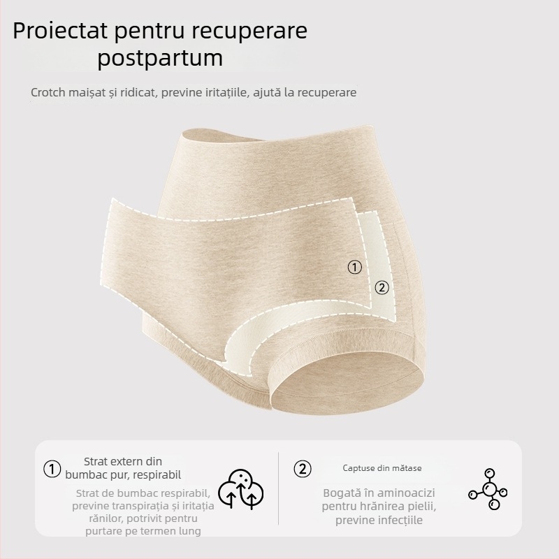 Chiloți de maternitate cu talie înaltă pentru recuperare postpartum, bumbac 90–95%, căptușeală din mătase Mulberry (<30%), tricotat cu 40 de fire