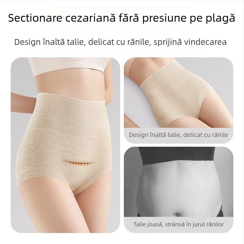 Chiloți de maternitate cu talie înaltă pentru recuperare postpartum, bumbac 90–95%, căptușeală din mătase Mulberry (<30%), tricotat cu 40 de fire