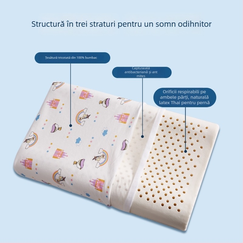 Pernă de latex pentru copii – formă dreptunghiulară, latex natural, conținut de latex 90% sau mai mult, husă din bumbac pur, potrivită pentru copii și sugari