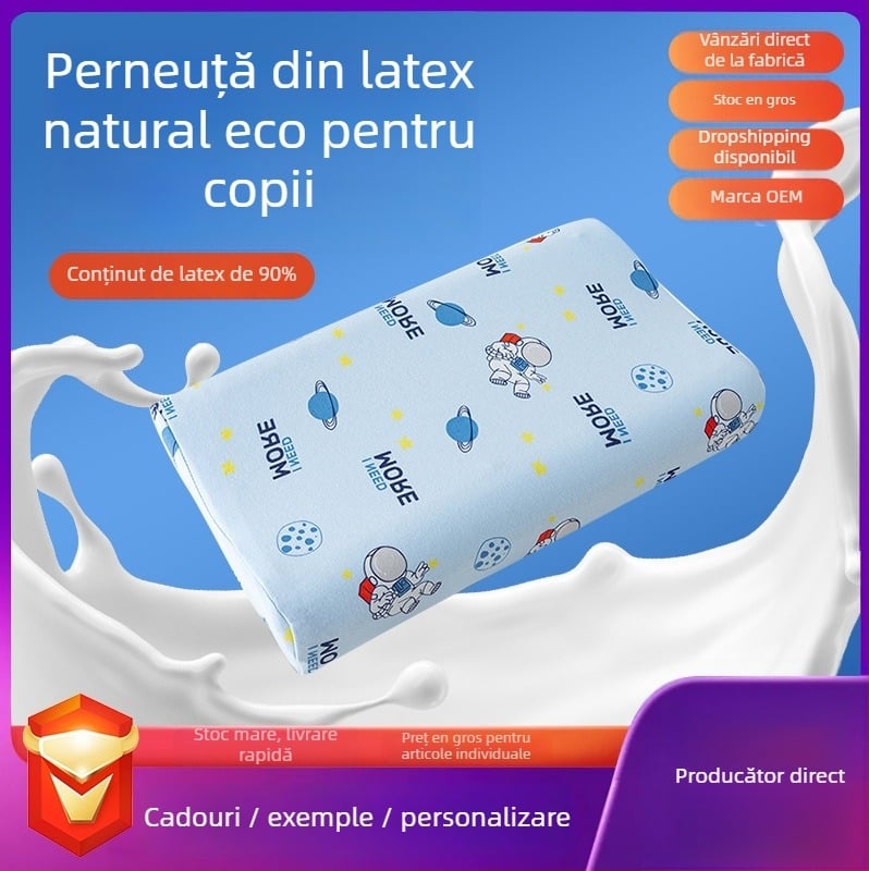 Perna pentru copii din latex natural, cu miez din bumbac pur; conținut latex >90%; potrivită pentru toate sezoanele; potrivită pentru toate pozițiile de dormit.