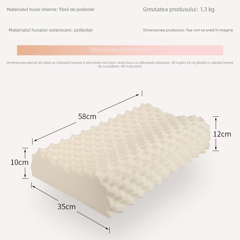 Pernă din latex natural ROYAL KNIGHT, conținut latex 90%+, formă dreptunghiulară, greutate 1,5–2 kg, țesătură tricotată