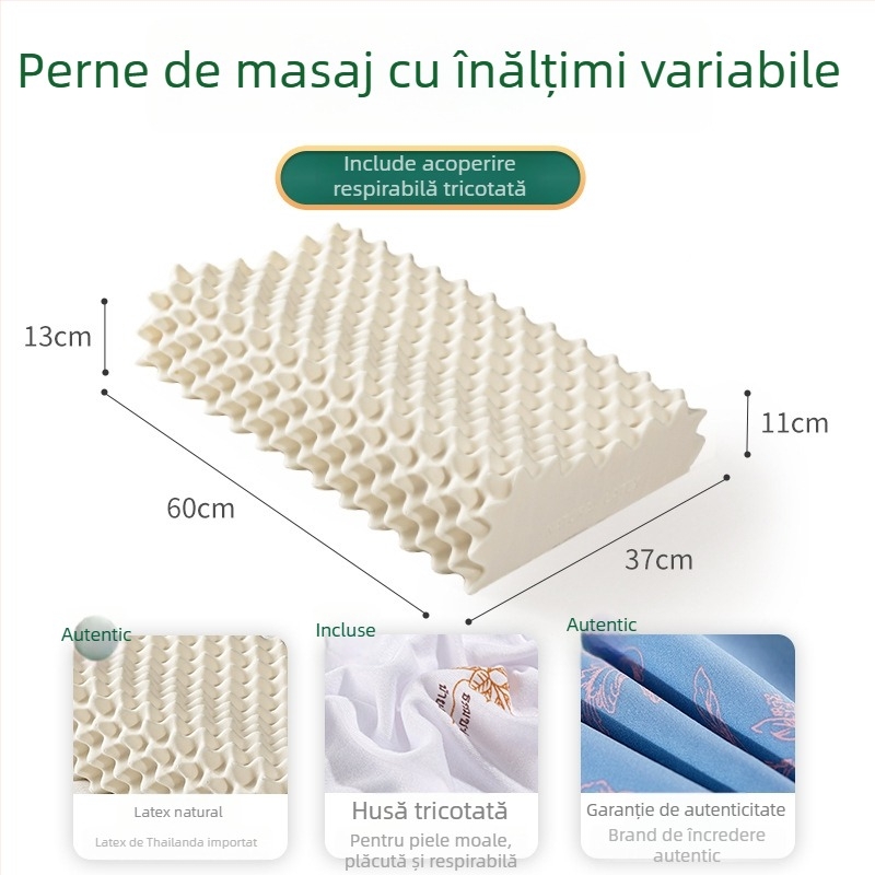 Pernă din latex natural ROYAL KNIGHT, conținut latex 90%+, formă dreptunghiulară, greutate 1,5–2 kg, țesătură tricotată
