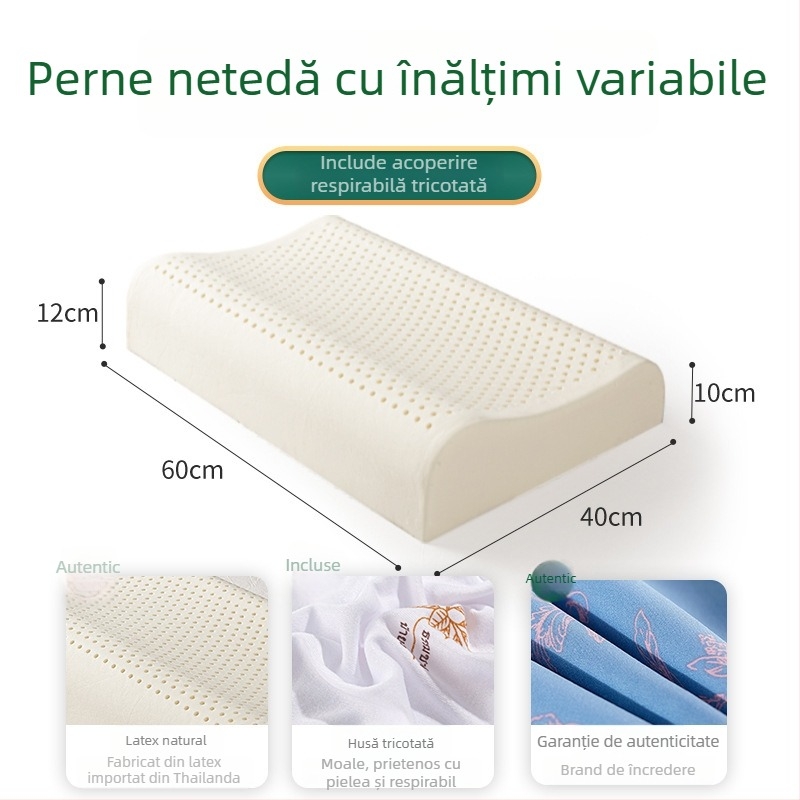 Pernă din latex natural ROYAL KNIGHT, conținut latex 90%+, formă dreptunghiulară, greutate 1,5–2 kg, țesătură tricotată