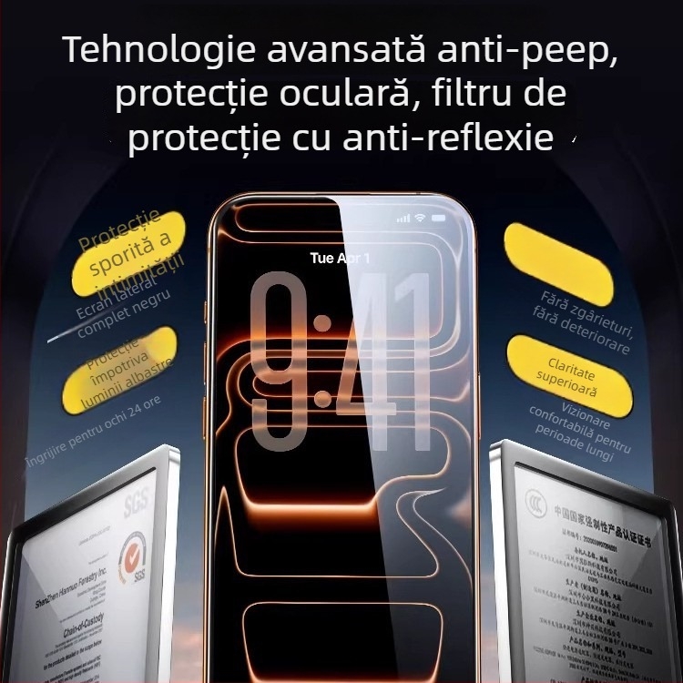 Pingsheng Protecție ecran din sticlă temperată anti-spion pentru iPhone 15–17 – HD, ecran complet