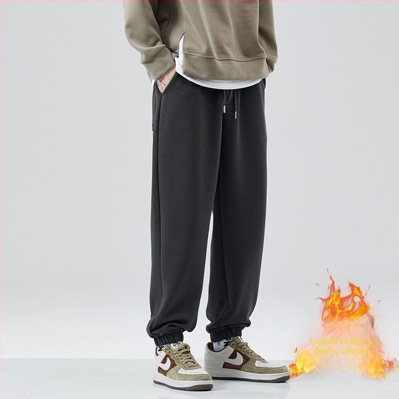 Pantaloni de trening pentru bărbați, cu fleece pe interior, groși, cu șnur de ajustare, croială lejeră, 63% bumbac / 37% poliester