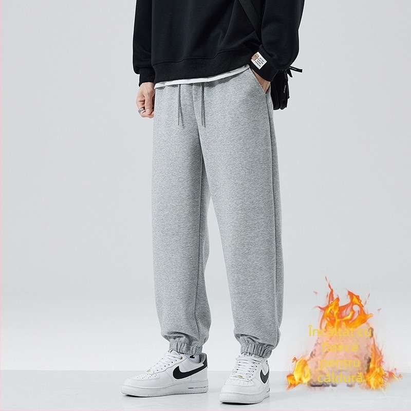 Pantaloni de trening pentru bărbați, cu fleece pe interior, groși, cu șnur de ajustare, croială lejeră, 63% bumbac / 37% poliester