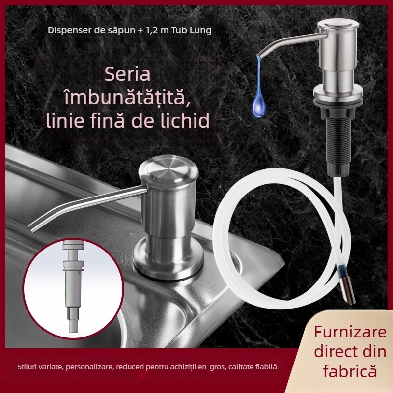 Longan dispenser de săpun pentru chiuvetă, din oțel inoxidabil 304, cu furtun extins, acționare prin apăsare, finisaj polizat, 165 g, stil modern minimalist