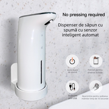 Dispenser de dezinfectant cu spumă pentru mâini, senzor automat, montaj pe perete, fără atingere, PC+ABS, 315 g, design modern minimalist