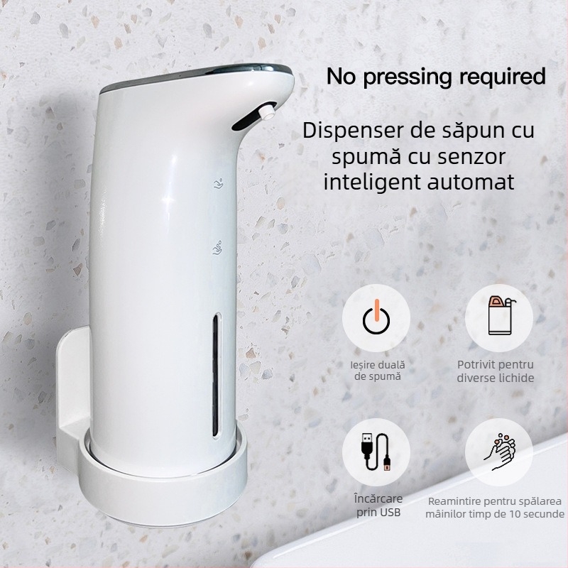 Dispenser de dezinfectant cu spumă pentru mâini, senzor automat, montaj pe perete, fără atingere, PC+ABS, 315 g, design modern minimalist