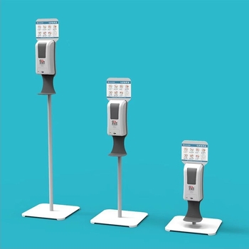 Dispenser automat de săpun pe stâlp reglabil înălțime, cu dulap mobil; materiale: aliaj de aluminiu, acrilic, aliaj de zinc; greutate: 4,5 kg; finisare: emailare la cuptor