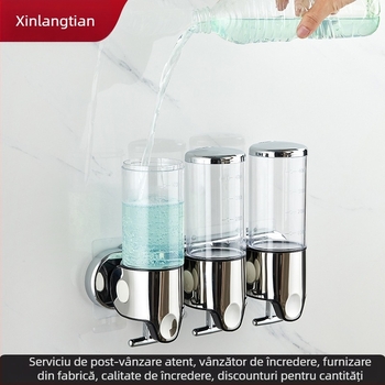 Dispenser pentru șampon și gel de duș, cu trei capete, transparent, montat pe perete, ABS, acționat manual