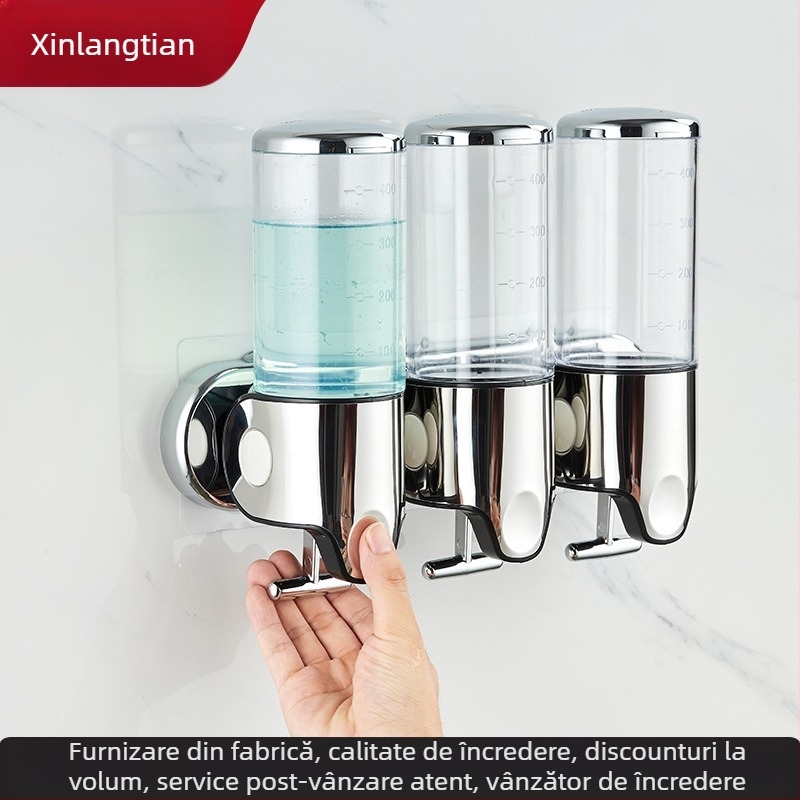 Dispenser pentru șampon și gel de duș, cu trei capete, transparent, montat pe perete, ABS, acționat manual