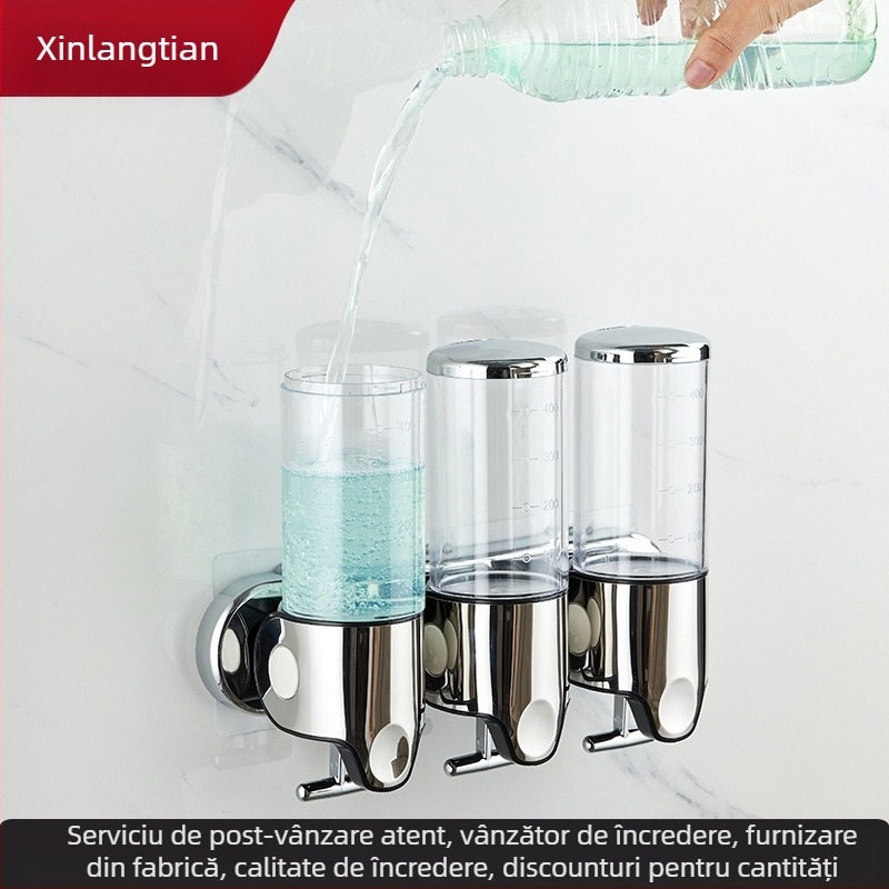 Dispenser pentru șampon și gel de duș, cu trei capete, transparent, montat pe perete, ABS, acționat manual