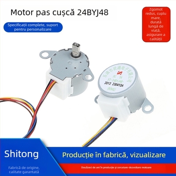 Motor pas cu magnet permanent 24BYJ48-2012; tensiune nominală 5–36V; curent nominal 5A; viteză nominală 100 rpm.