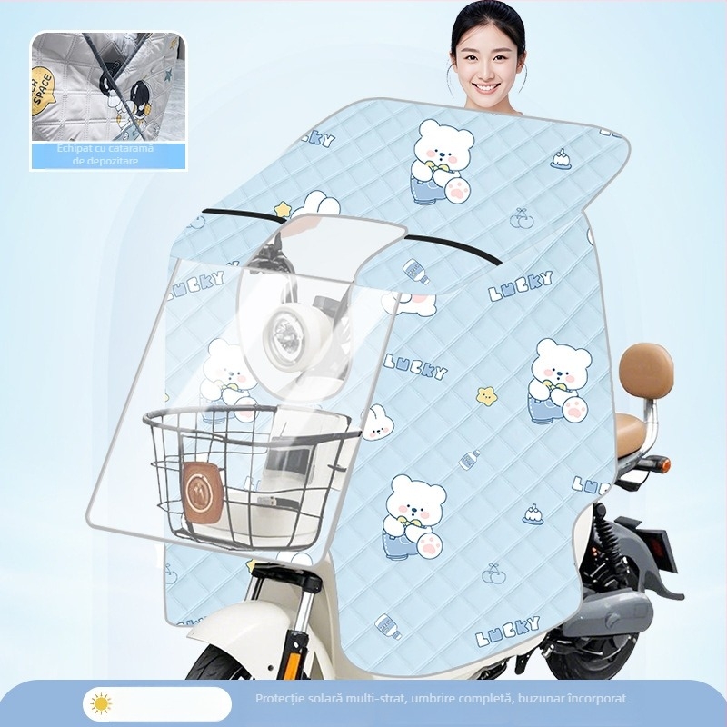 Husă transparentă pentru parbrizul bicicletei electrice — protecție solară și împotriva vântului