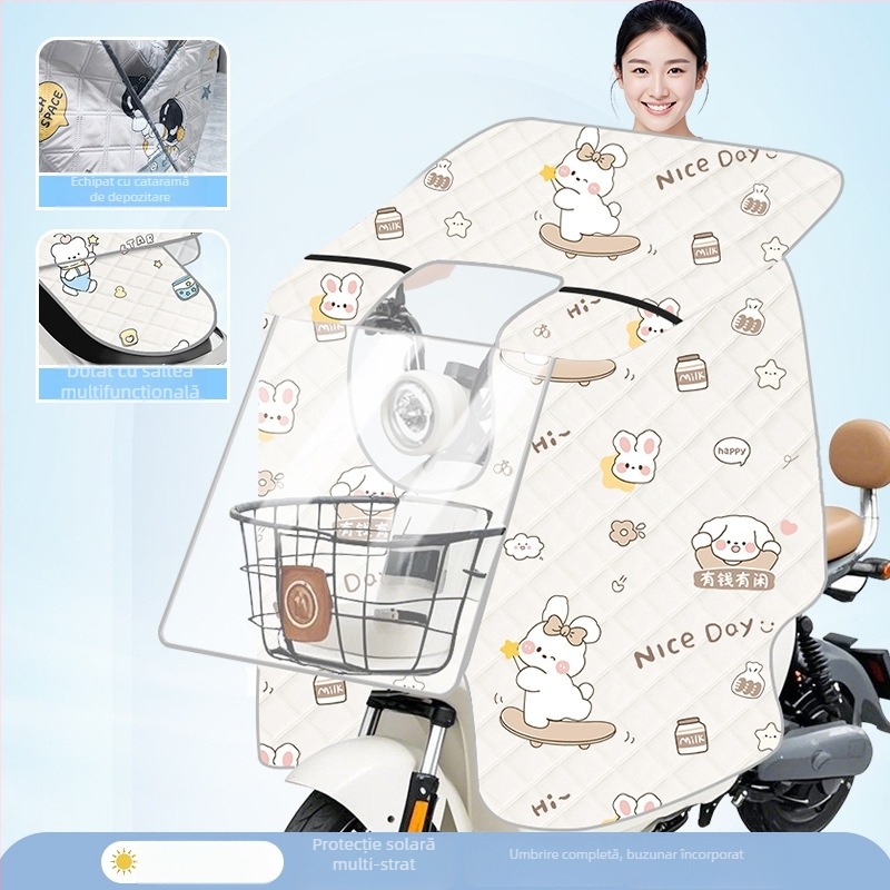 Husă transparentă pentru parbrizul bicicletei electrice — protecție solară și împotriva vântului