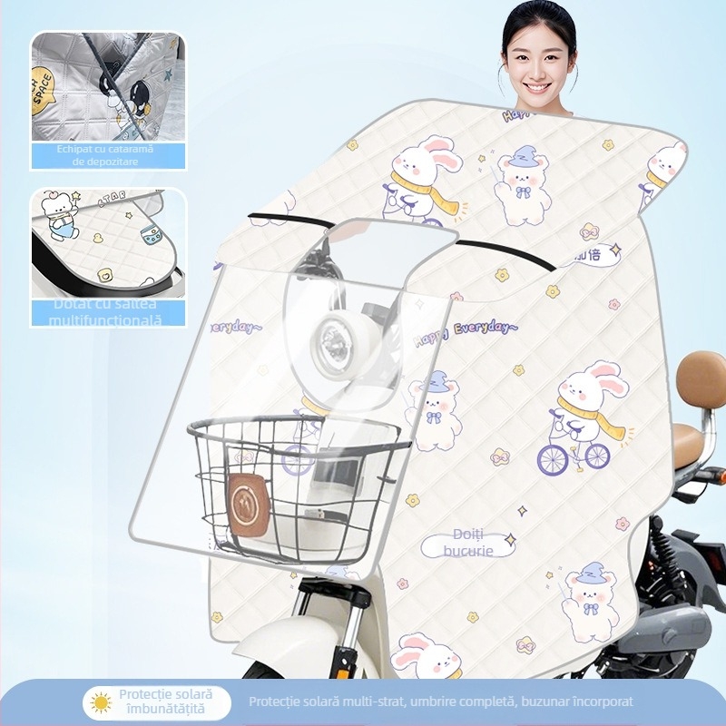 Husă transparentă pentru parbrizul bicicletei electrice — protecție solară și împotriva vântului
