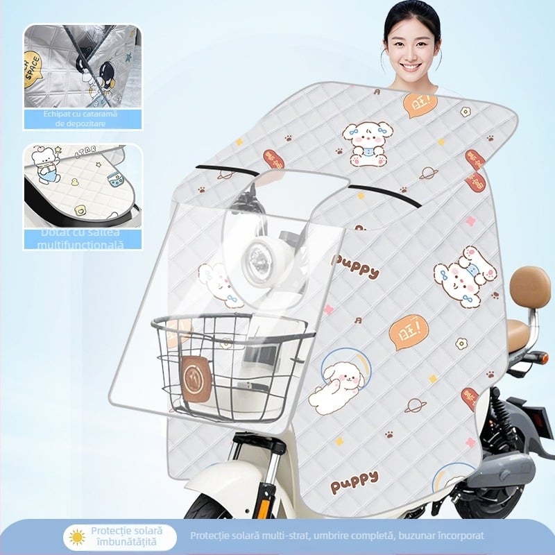 Husă transparentă pentru parbrizul bicicletei electrice — protecție solară și împotriva vântului