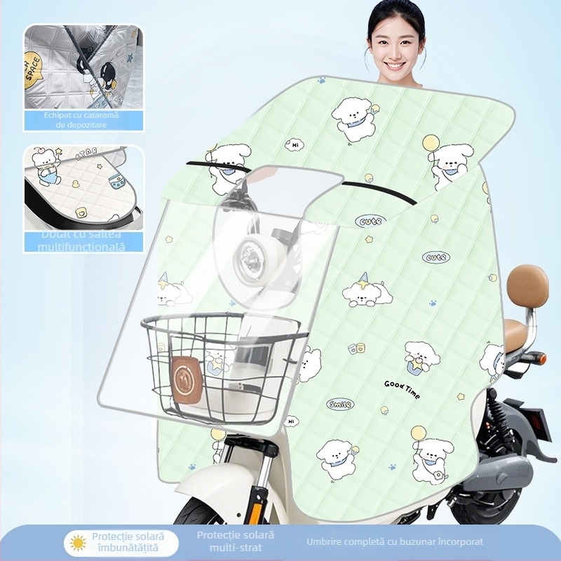 Husă transparentă pentru parbrizul bicicletei electrice — protecție solară și împotriva vântului