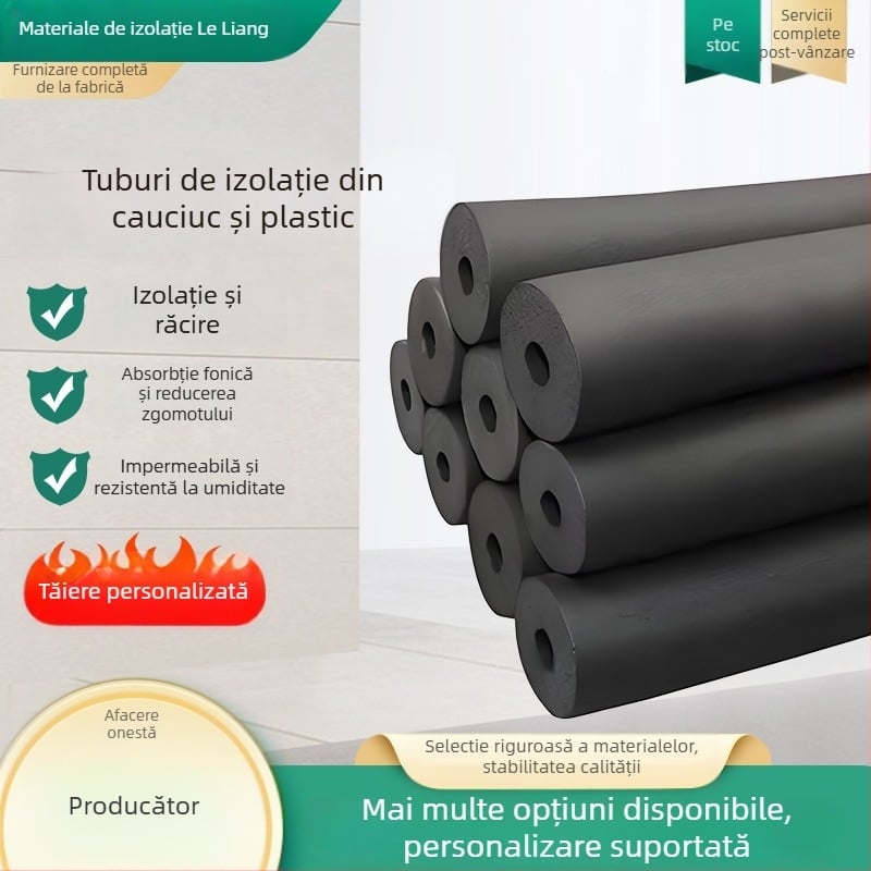 Țeavă izolatoare din cauciuc-plastic pentru apă caldă și rece, cu înveliș microporos; conductivitatea termică 0,035 W/mK; rezistență la îndoire 120; rezistență la compresiune 150; temperatură de lucru 500