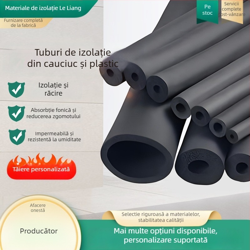 Țeavă izolatoare din cauciuc-plastic pentru apă caldă și rece, cu înveliș microporos; conductivitatea termică 0,035 W/mK; rezistență la îndoire 120; rezistență la compresiune 150; temperatură de lucru 500