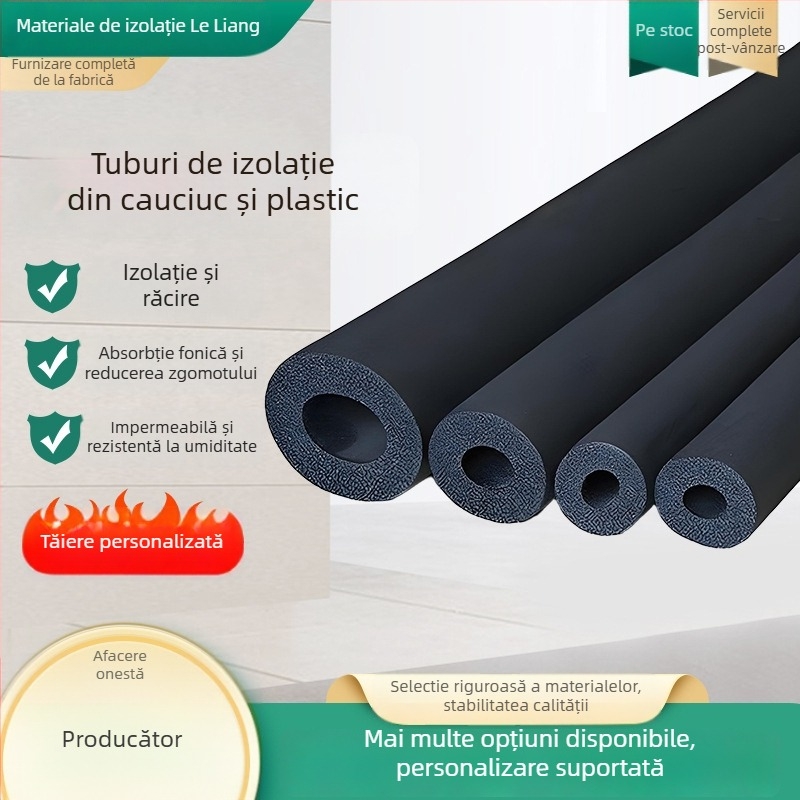 Țeavă izolatoare din cauciuc-plastic pentru apă caldă și rece, cu înveliș microporos; conductivitatea termică 0,035 W/mK; rezistență la îndoire 120; rezistență la compresiune 150; temperatură de lucru 500