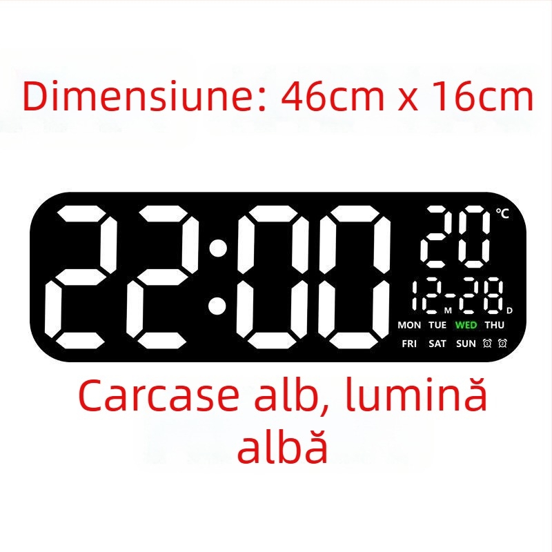 Ceas de perete LED digital cu termometru, calendar perpetuu și fază a lunii – afișaj oră de 24 de ore