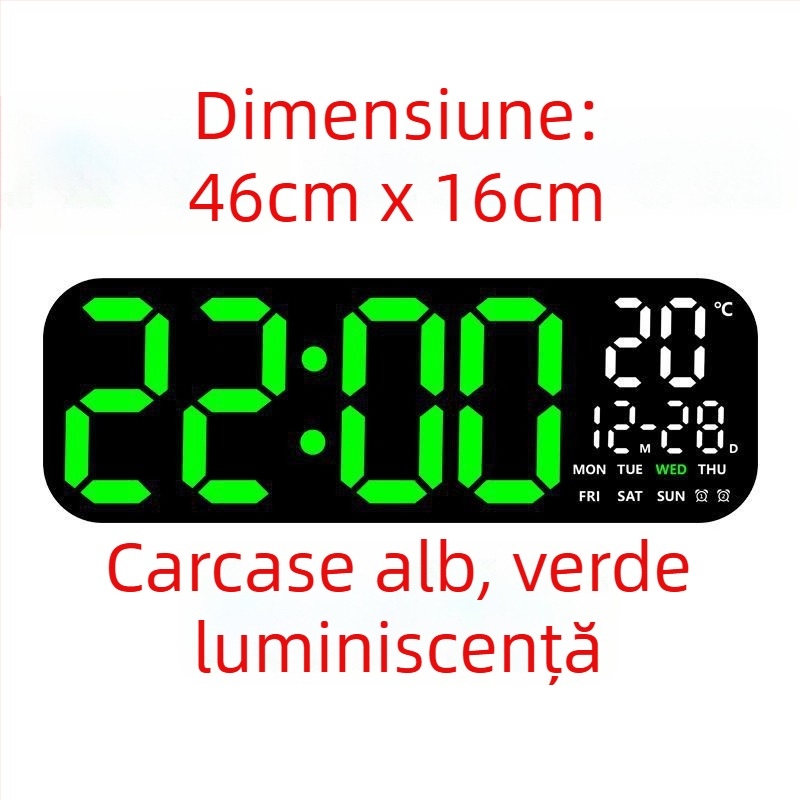 Ceas de perete LED digital cu termometru, calendar perpetuu și fază a lunii – afișaj oră de 24 de ore