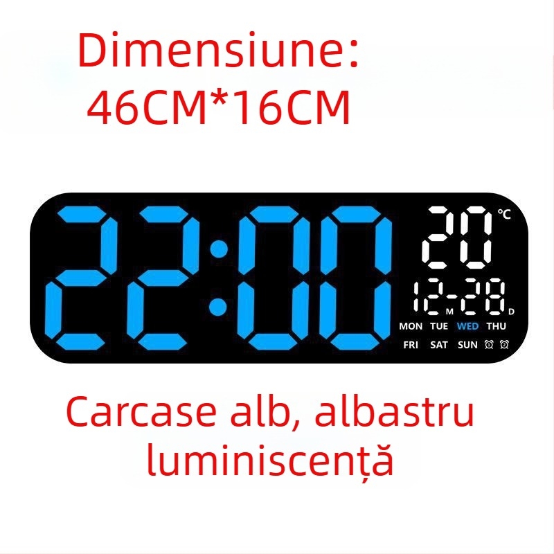 Ceas de perete LED digital cu termometru, calendar perpetuu și fază a lunii – afișaj oră de 24 de ore