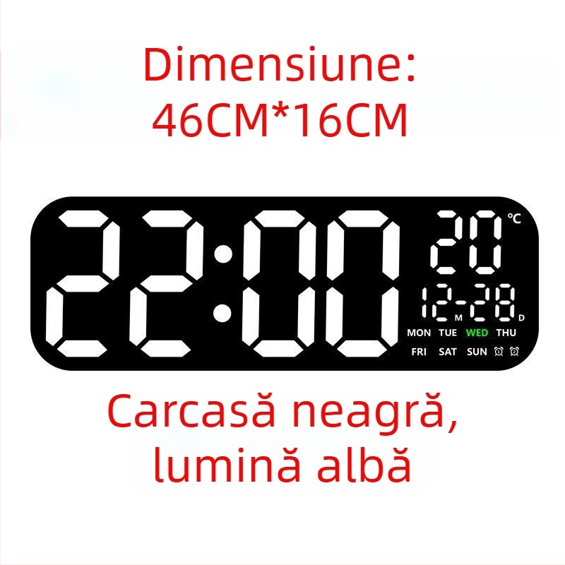 Ceas de perete LED digital cu termometru, calendar perpetuu și fază a lunii – afișaj oră de 24 de ore