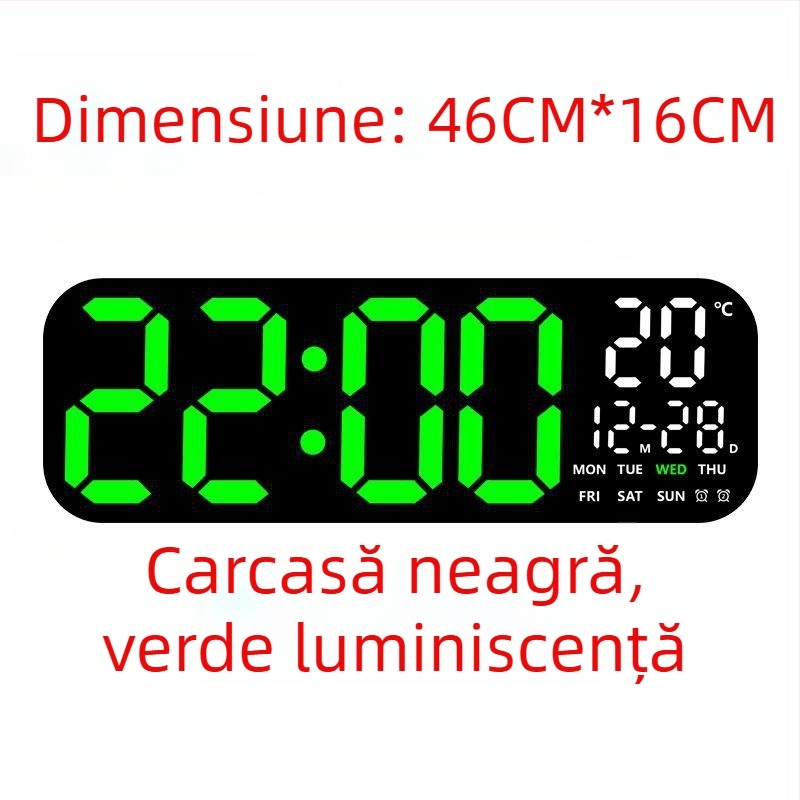 Ceas de perete LED digital cu termometru, calendar perpetuu și fază a lunii – afișaj oră de 24 de ore
