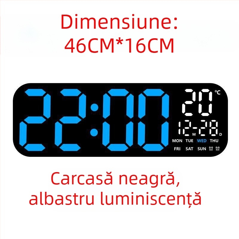 Ceas de perete LED digital cu termometru, calendar perpetuu și fază a lunii – afișaj oră de 24 de ore