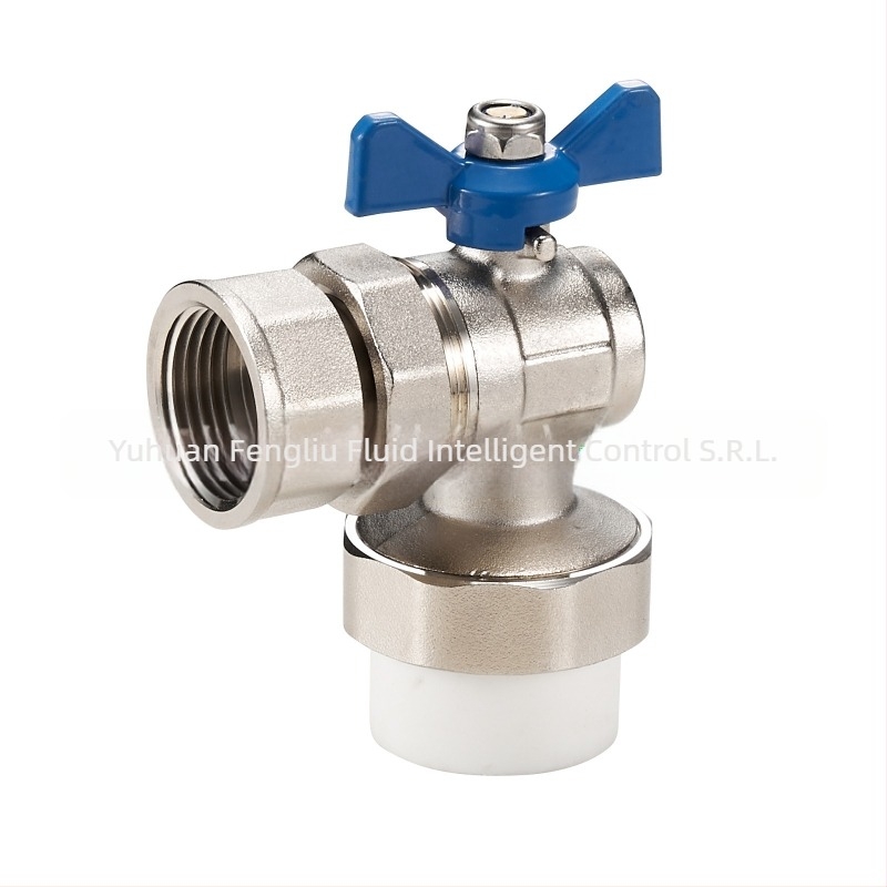 Ventil PPR unghiular cu filet intern, cu racord tip cuplă pentru apă caldă și rece