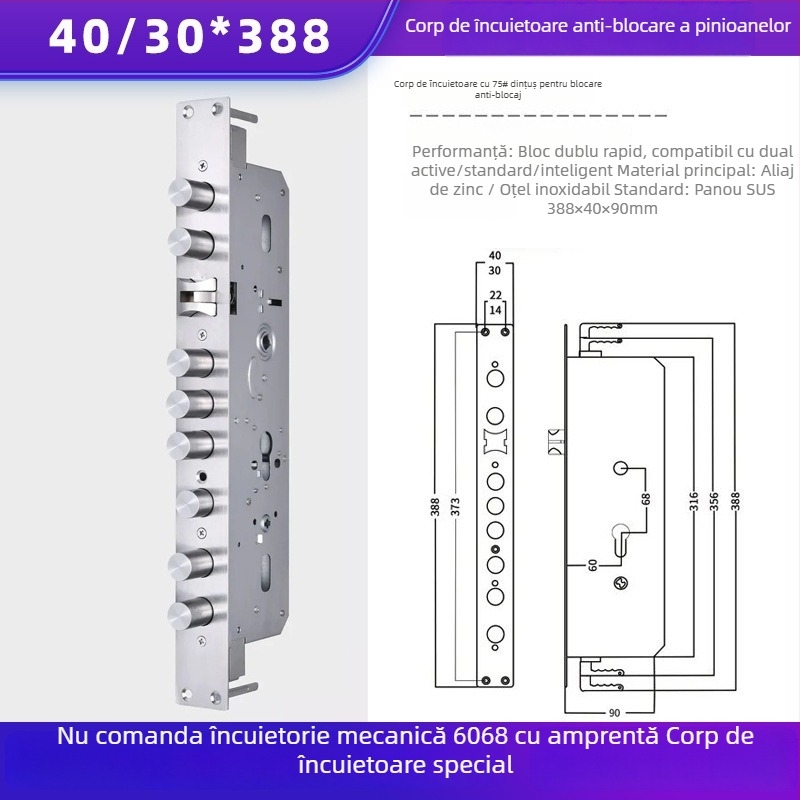 Încuietoare cu amprentă, cu zăvoare duble, corp din oțel inoxidabil și cilindru, model 75#, pentru uși de securitate