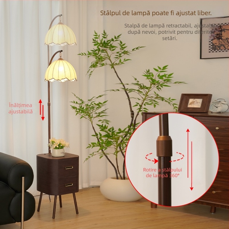 Lampă de podea LED, abajur acrilic, corp din lemn și fier, rază de iluminare 3–5 m²