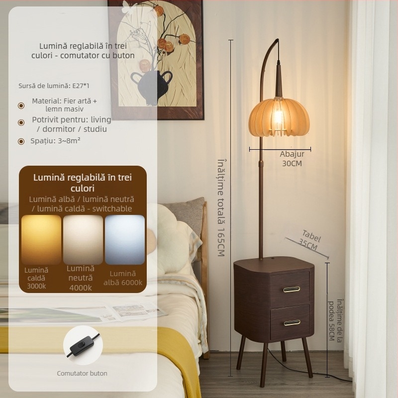 Lampă de podea LED, abajur acrilic, corp din lemn și fier, rază de iluminare 3–5 m²