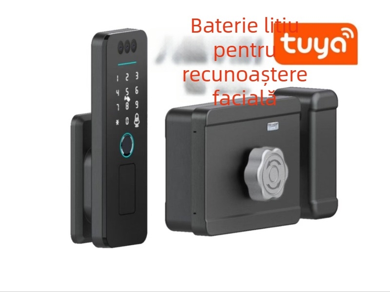Încuietoare inteligentă pentru ușă exterioară cu recunoaștere facială, amprentă și parolă – rezistentă la intemperii, frig, pentru uși din fier