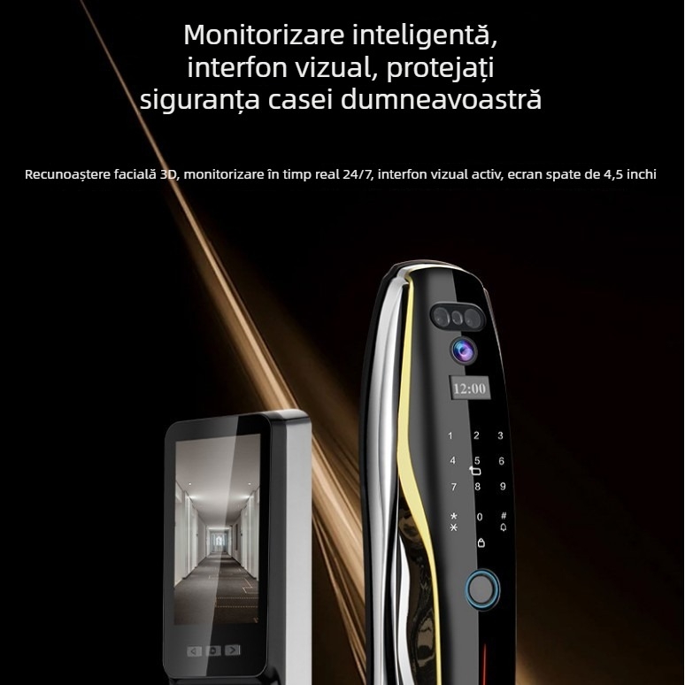 Încuietoare inteligentă pentru ușă cu recunoaștere facială 3D, HD, blocare automată, cu parolă și amprentă, interfon pentru casă, recunoaștere a venelor palmei