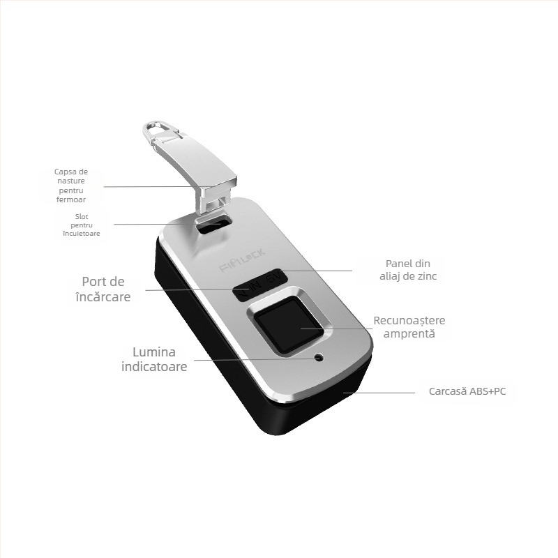 Lacăt biometric pentru bagaje încorporat – Fipilock, stocare 10 amprente, peste 2000 de deblocări, scanare <0,5 s, -20°C până la 55°C, alimentare DC