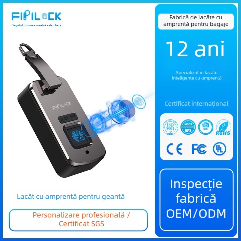 Lacăt biometric pentru bagaje încorporat – Fipilock, stocare 10 amprente, peste 2000 de deblocări, scanare <0,5 s, -20°C până la 55°C, alimentare DC