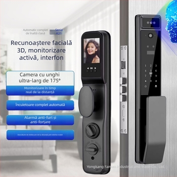 Lacăt inteligent pentru ușă cu recunoaștere facială și amprentă, vizor optic și interfon (100 amprente • >3.000.000 de deblocări • <0,3 s scanare • <0,00001 rată falsă • -10 până la 65°C)