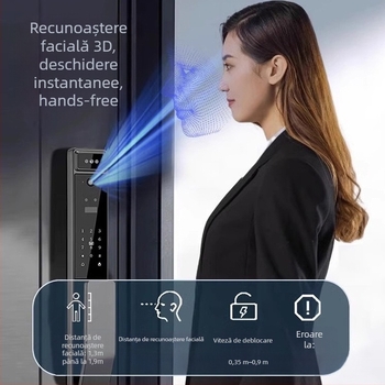 Lacăt inteligent pentru ușă cu recunoaștere facială și amprentă, vizor optic și interfon (100 amprente • >3.000.000 de deblocări • <0,3 s scanare • <0,00001 rată falsă • -10 până la 65°C)