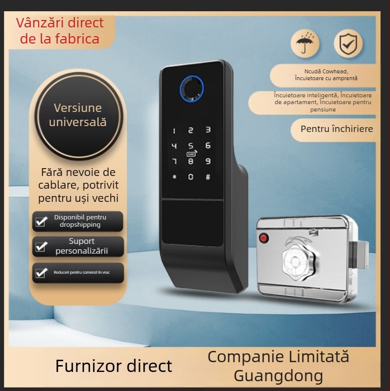 Încuietoare de ușă cu amprentă, model VD08 cu cheie, capacitate 100 amprente, peste 100000 cicluri de deblocare, scanare <1,5 s, panou din aluminiu rezistent la apă