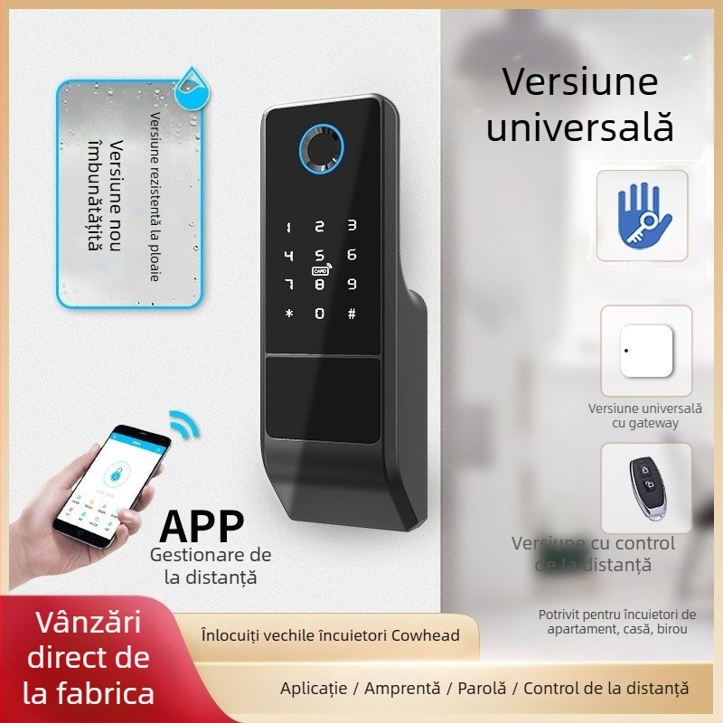 Încuietoare de ușă cu amprentă, model VD08 cu cheie, capacitate 100 amprente, peste 100000 cicluri de deblocare, scanare <1,5 s, panou din aluminiu rezistent la apă